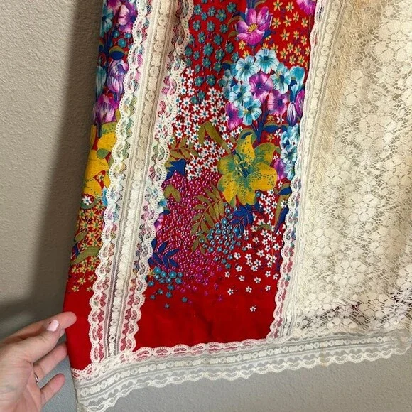 VTG 70s Tumbleweeds Maxi Skirt M/L Lace Red Floral Bohemian Cottagecore - Picture 6 of 9